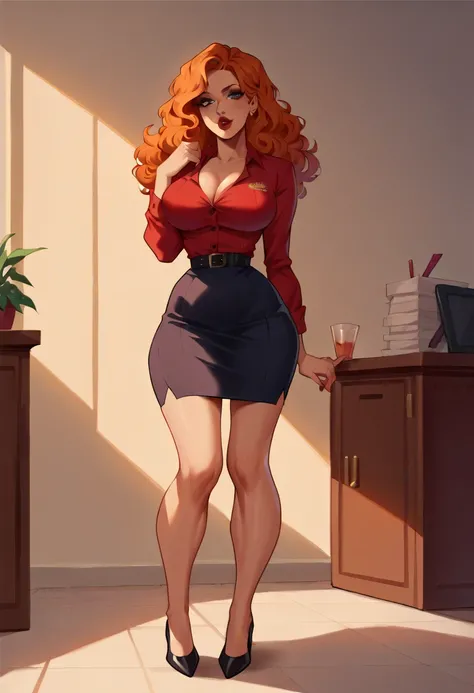 A tall, sexy, sensual, beautiful woman with large breasts, long, wavy, curly, fluffy orange hair, covers her face with red lips, wears a red button-down office shirt and a short red office skirt, and black heels.