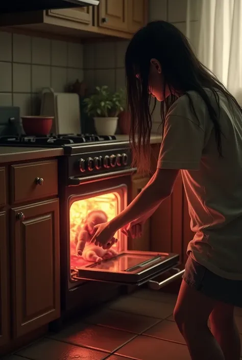 Teenage girl standing in kitchen of a house slides newborn baby into a hot oven