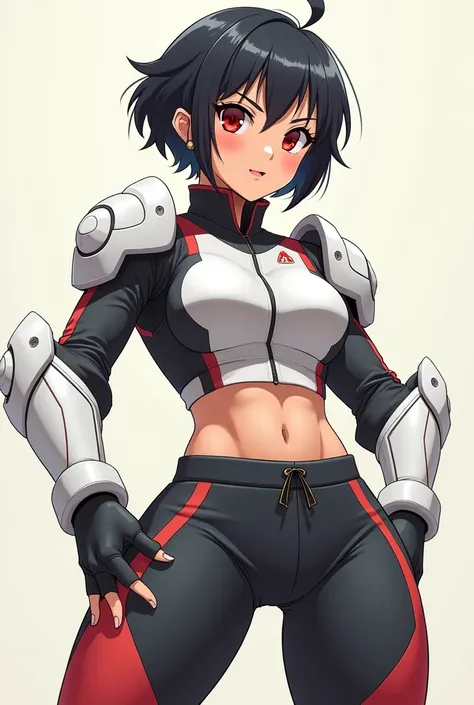 An anime-style character of a woman , 19 years old,  very short hair, eyes with light red irises ,stocky body,  training clothing and wearing light armor