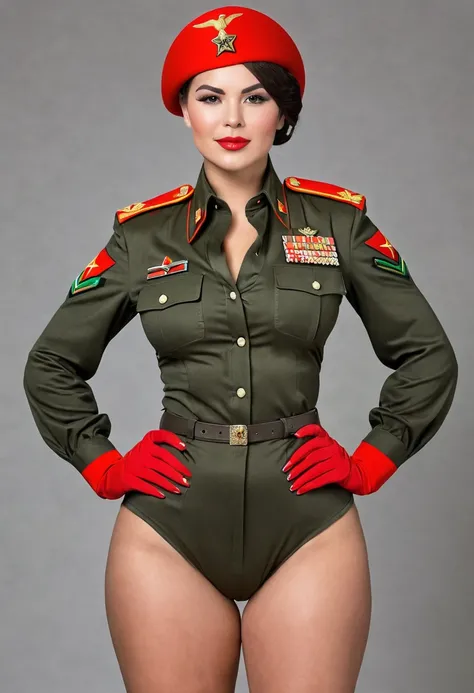 Red army uniform woman sexy muscle Soldier rank one chevron rank on sleeve one v, characteristics large breasts from Mexico big thighs wide buttocks short hair wearing ceremonial service hat