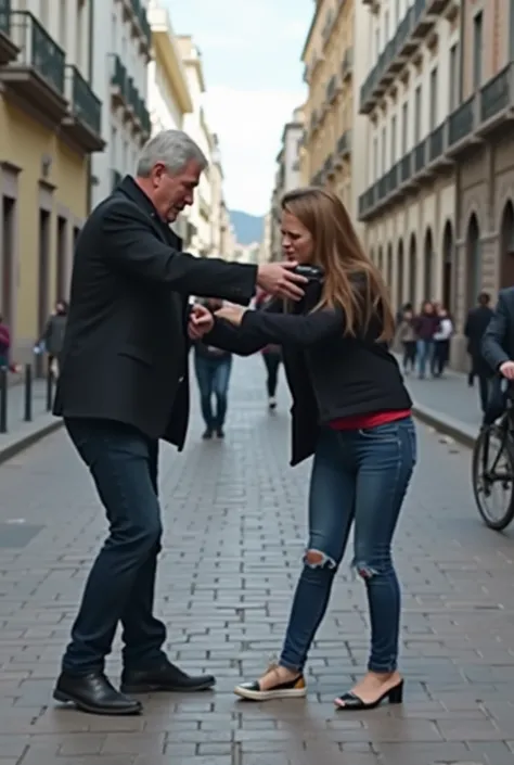 2K image quality of former president Cristina Fernández de Kirchner assaulting a pedestrian on the street, using a gun, during the day, Latin American style street, perspective of a security camera, 2K image quality. 