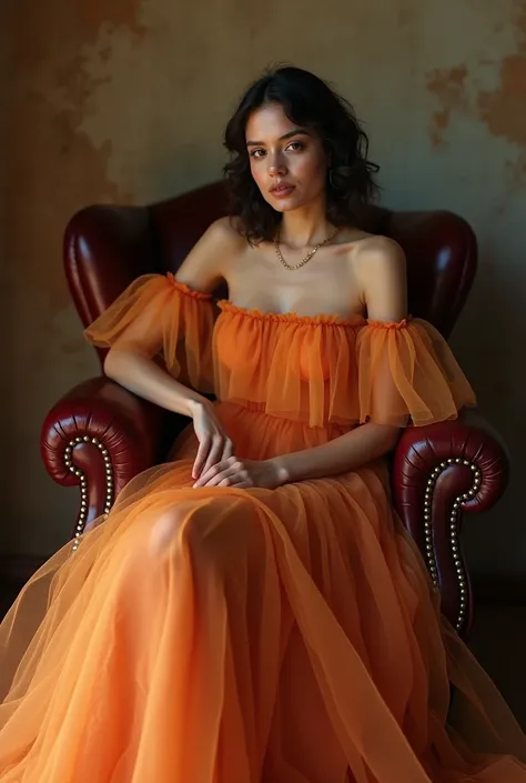 A hyperreal image of a mexican woman sitting gracefully on a wine-colored leather old fashion chair, her posture relaxed yet elegant. She is wearing a flowing orange tulle dress with intricate, layered textures cascading around her legs, emphasizing softne...