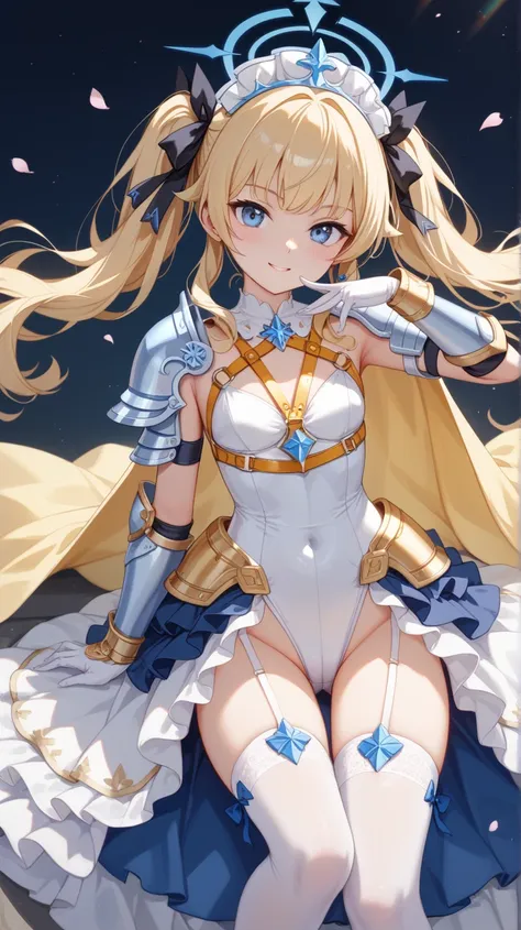 Blue Archives、Young girl、 blue eyes、Blonde、 twin tails、  black ribbon、 cool、White high leg swimsuit、 White Stockings、 White Wedding Gloves 、 white body armor 、 Leg Armor 、 Princess Dress 、 headdress、 Arm Armor Gauntlet、 Yellow Full Harness 、Dress Cloak 、 f...