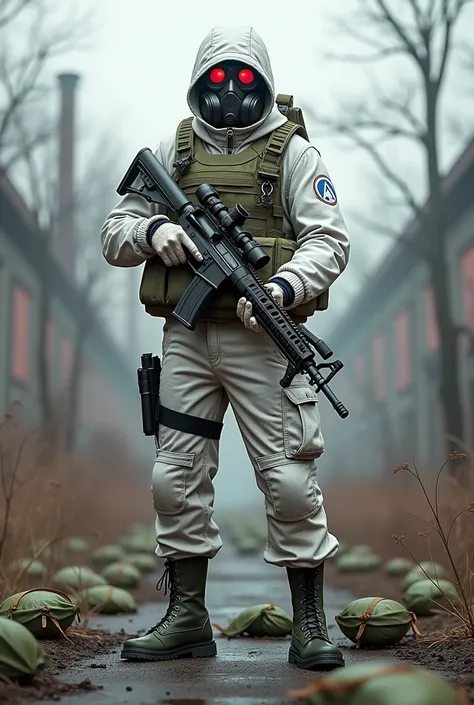 Military, stalker man, monolith, white urban camouflage, with gasmask, with AR-15, on CNPP, green with broun packages bulletproof vest, red eyes, legs out of frame