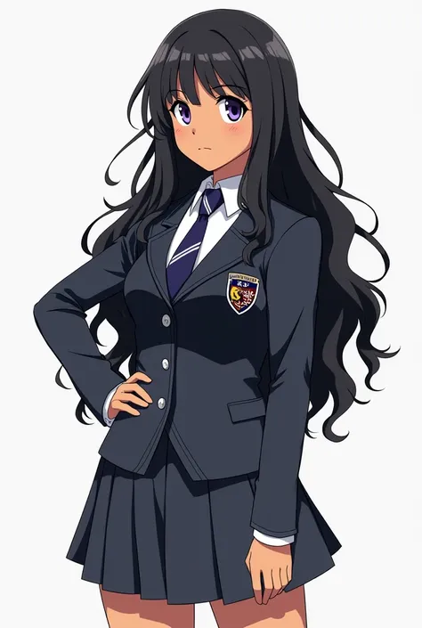  uniform Create a female My Hero Academy character with purple eyes and long wavy black hair, with tan skin wearing the UA 