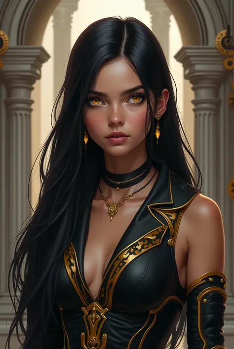 "A young woman inspired by the Arcane universe, with aristocratic features and elegance typical of Piltover. She has long, straight, black hair, falling gently down her back, with a satiny shine. Her eyes are intense and vibrant yellow, conveying an aura o...