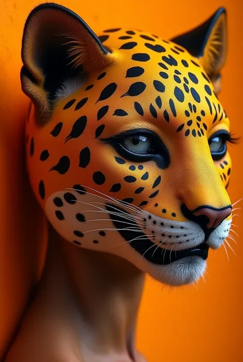  Create an image of a woman wearing a brown jaguar mask, up to half of the face .  with shades of orange and gold , evokes the color and scent of tangerine ,  blending the strength of the feline with the lightness and elegance of the flower . Fluid details...