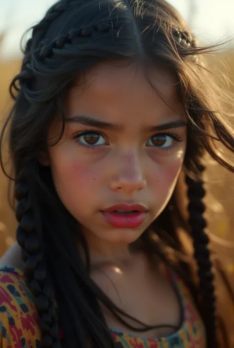  Realistic photo of a girl with black braids ,  eyes full of sadness and loneliness looking at the camera , hair playing with the wind , Cornfield background, half-open mouth, Red lips, with Bolivian features 