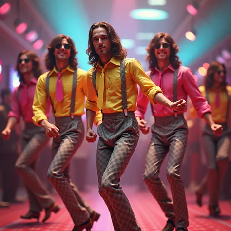 Young guys with long hair, in yellow and pink shirts, in wide ties in colored suspenders for tight trousers in a large check, dancing at a disco in the 70s, Retrofuturism style