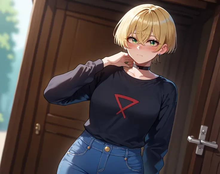 score_9, score_8_up, score_7_up, score_6_up, score_5_up, score_4_up, source_anime, rating_safe, nyantcha style, three quarter view, 1girl, teenager, green eyes, blonde hair, crossed bangs, short hair, pixie cut, freckles, big breasts, thick thighs, eyelash...