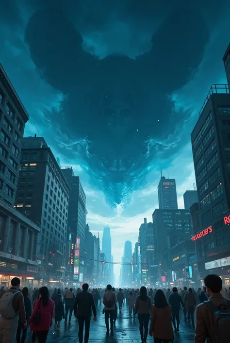 Humans walking in the city with air from millions years ago dark blue clouds 