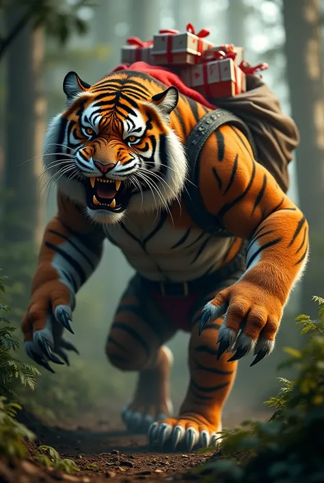  A ferocious creature formed by the fusion of Santa Claus and a tiger ,  in an ultra-realistic scene in dense forest .  The creature has the powerful body of a tiger ,  with vibrant orange fur and black stripes ,  but with a partially blended human face , ...