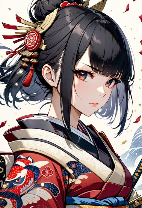 Masterpiece, top quality, highly detailed, detailed 4k artwork, gloss, shine, white gloss and sparkle, woman, samurai, Japanese red armor, hime cut, black hair, serious face,,  Japanese Tattoos , Japanese carving, Ukiyo-e