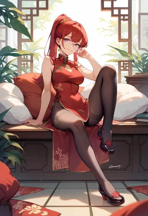 masterpiece, high definition , top quality,8k
(Mars, red Hair, purple Eyes, glasses long hair, ponytail, full body)
(Red Cheongsam, black tights)
Smiling, sitting, resting head in one hand