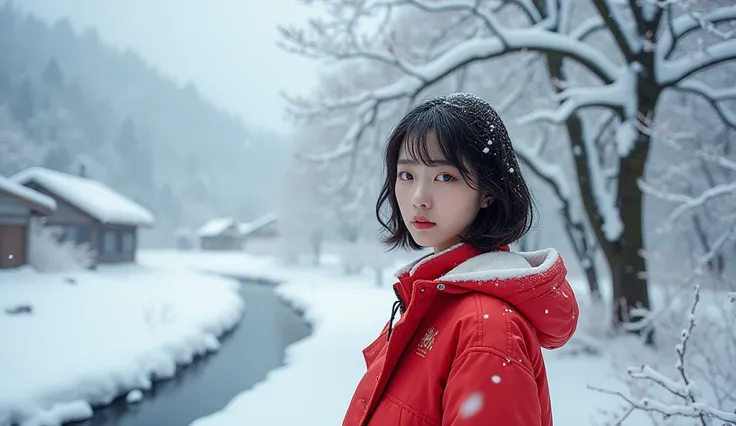  A Korean girl wearing a red jacket showing a beautiful appearance.  Short Medium Length Hair . Rural landscape with heavy snowfall . snowy landscape. A lot of snow is piled up on the branches of the tree . You can see the river in the distance.