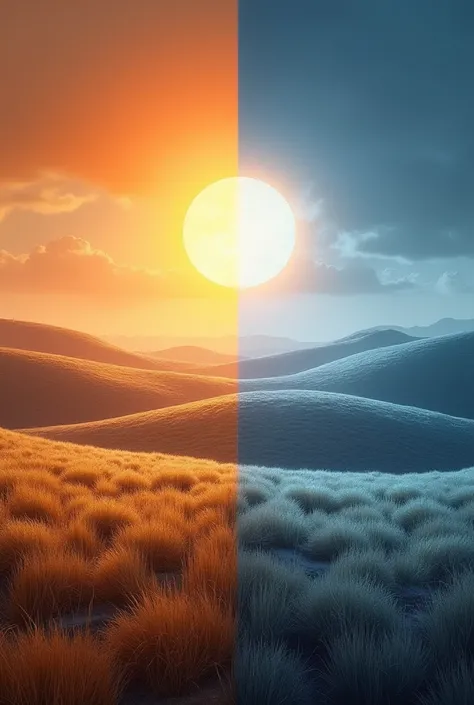 Make a landscape interacting of two colors, a normal sun and a ice sun making of the image two sources of different colors. In the hills you find dry grass and one part is sunny and summery the other has a clear line deviding by a heavy storm