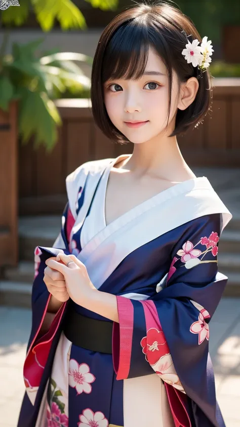 Nsfw,kimono,Super baby face,Short Hair, very young beautiful girl,Very slim body,Correct human body, detailed eyes, detailed face , very beautiful face , very cute face, beautiful skin, evenly balanced eyes,Droopy eyes,Orgasm face, ecstasy, sexy smile, Hig...