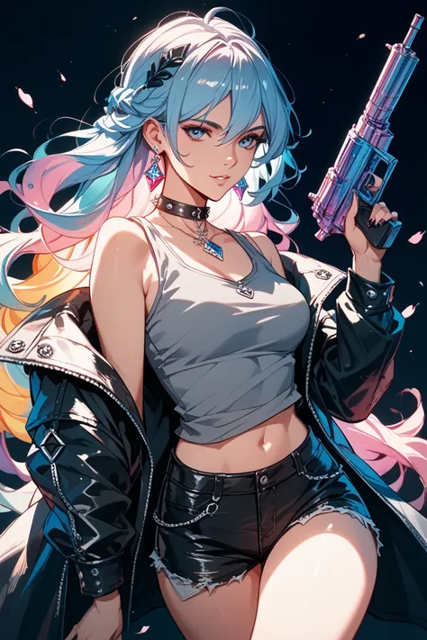 sketch drawing, colorful, Latin looking girl , com cabelos curtos colorful de franjas,  in gray tank top with punk leather jacket and shorts with high socks in gothic style,  with two shotguns in her hand , soft dark colors 