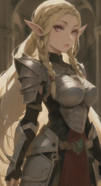 Ancient Hylian, Yggdrasil Knight, blind Hylia, blonde, red eyes, blank red pupils, Devine braids, looking at viewer, long messy hair, ancient Hyrule, ancient armor, Palace,