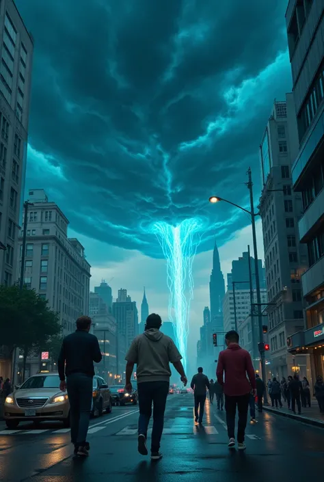 Humans walking in the city with air from millions years ago dark blue clouds 