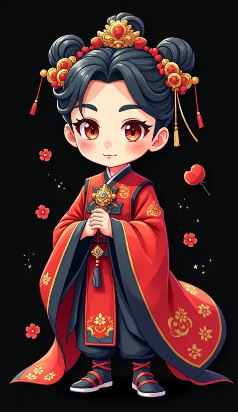 A cute male minor role in Peking Opera, with Chinese style and red as the main color. The head is decorated with ancient hair ornaments and the body is clad in black armor. It has exquisite features and big eyes, and the overall cartoon design. There shoul...