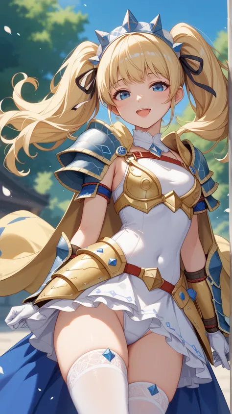  Monster Hunter 、Young girl、 blue eyes、Blonde、 twin tails、  black ribbon、 cool、White high leg swimsuit、 White Stockings、 White Wedding Gloves 、 white body armor 、 Leg Armor 、 Princess Dress 、 headdress、 Arm Armor Gauntlet、 Yellow Full Harness 、Dress Cloak ...