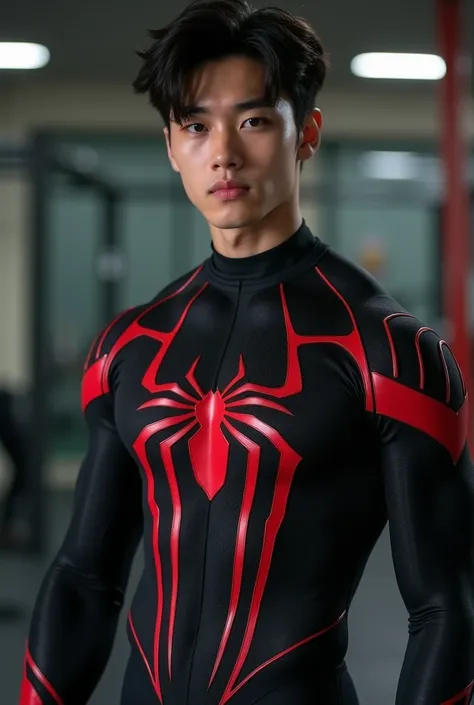 Handsome and sexy Korean teenager, teenager, young, male, wearing Spiderman black  costume while showing his sixpack abs, muscular, sixpack, young, front view, Korean idol, hot, very muscle, very horny biceps and triceps, photo realistic, realistic, 8k, UH...