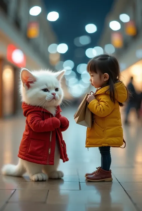 A small white cat is wearing red clothes and looks very innocent. It is standing in a city shopping mall, looking sad with its head lowered. In front of the cat stands a girl wearing yellow clothes. The girl is holding some shopping bags and looking at the...