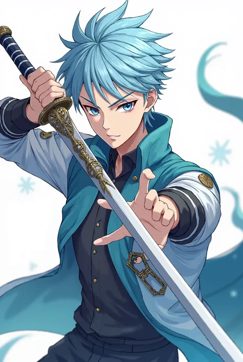 A young anime guy has light blue hair and gray eyes and holds a sword and his look is indifferent