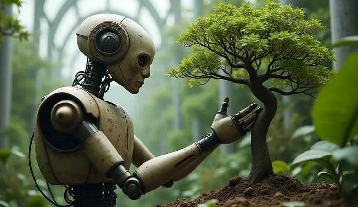 An old robot grows one tree, human-like, indoors