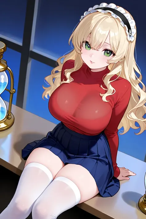 She has light skin, light blonde wavy hair. Green eyes, full pinkish lips and natural make up. She wears a blue Pastell ruffle skirt and a red tight shirt with sleeves. The shirt is shoulderless and ends on her breasts. She has 80DD breasts and hourglass h...