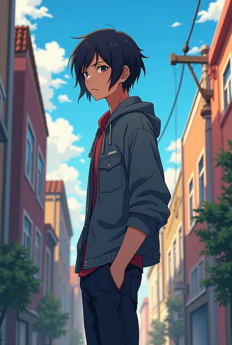   A trans boy with shoulder-length hair  , a slim but toned body  ,  a scar cut in the lower left part of his jaw
Full body
Anime style 