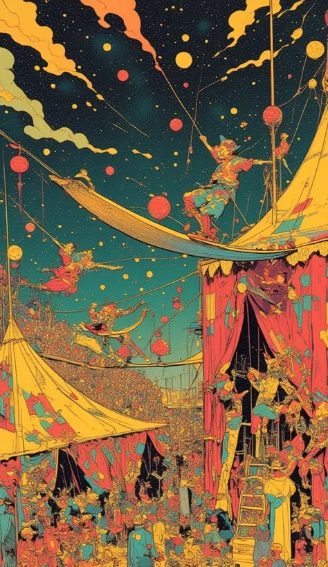  circus tent , what is the name of the circus troupe 「Life world」, there is a poster of circus troupes illusory art, Circus in the Imaginary World ,Whimsical Circus ,Clowns walking a tightrope ,close-up,  close-up view ,  1968 sci-fi tarot card   , Close v...