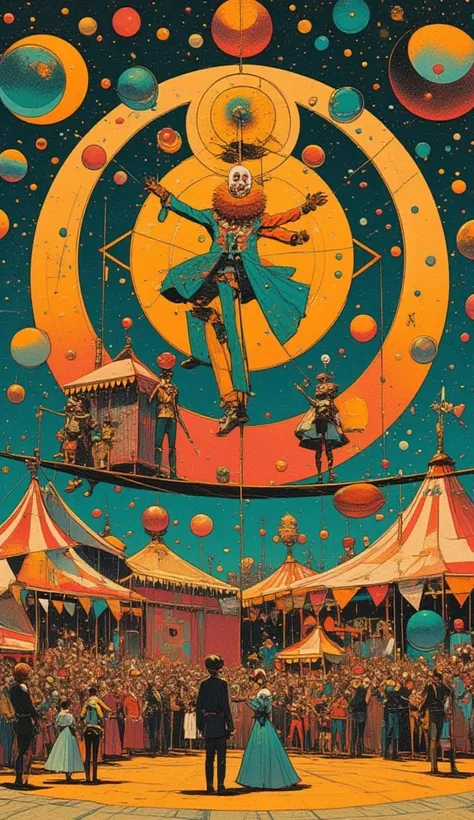  circus tent , what is the name of the circus troupe 「Life world」, there is a poster of circus troupes illusory art, Circus in the Imaginary World ,Whimsical Circus ,Clowns walking a tightrope ,close-up,  close-up view ,  1968 sci-fi tarot card   , Close v...