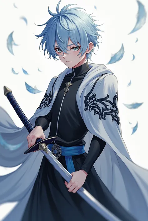 A young anime man has light blue hair and gray eyes, holds a sword and has a indifferent look and wears black and white clothes