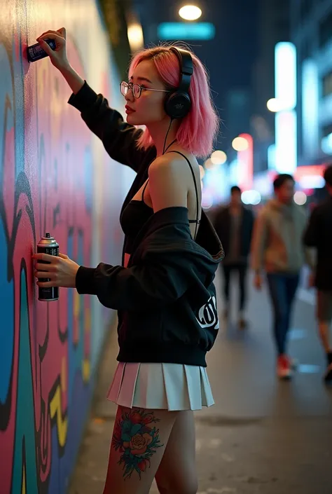 " A beautiful and elegant Asian woman , with pink hair and brown eyes, she is on a busy street in Seoul, , graffiti a wall with urban art at night. The scene is well lit by the streetlights scattered along the street,  creating a contrast between the surro...