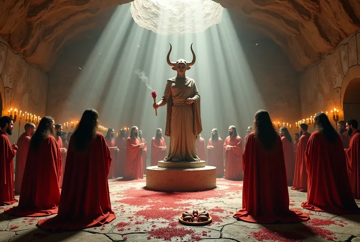 " A group of initiates kneeling before an altar decorated with a statue of Mithras in her iconic pose , killing the bull .  Priests recite sacred words while shedding the blood of the sacrificed bull on their heads Two initiates,  symbolizing their purific...