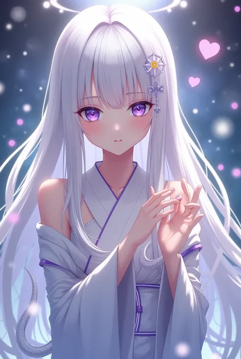 Beautiful shrine maiden with straight white hair
Solos, Good Luck Positive
The face is in front with White snake
glittery
長い髪,  direct your gaze,  purple eyes, heart above the hand