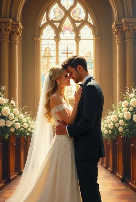 An oil painting of a wedding: the bride is blonde and the groom is brown 