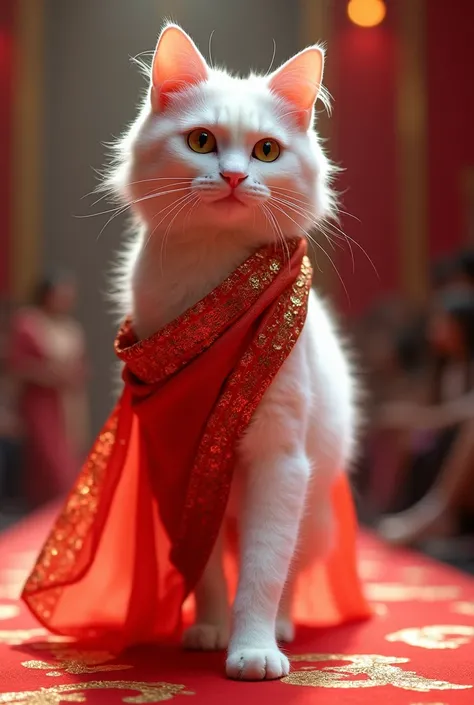 A white female cat is wearing a red sari. She is in a fashion contest.