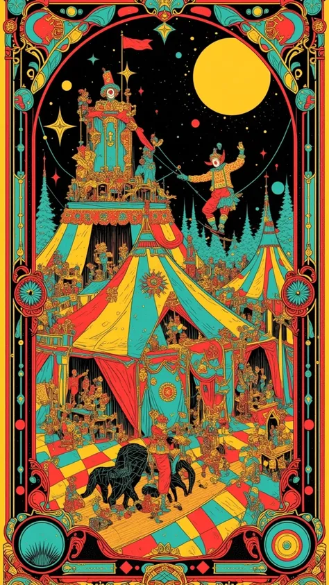  circus tent , what is the name of the circus troupe 「Life world」, there is a poster of circus troupes illusory art, Circus in the Imaginary World ,Whimsical Circus ,Clowns walking a tightrope ,close-up,  close-up view ,  1968 sci-fi tarot card   , Close v...