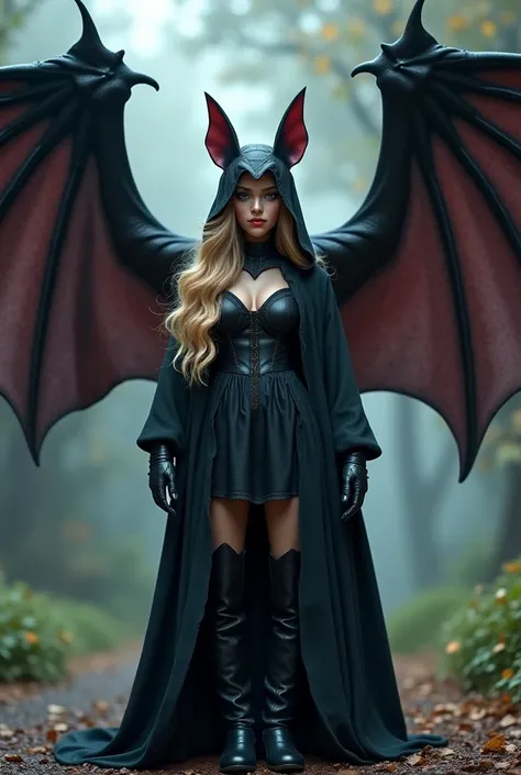  She creates a large and majestic bat ,  that embraces and protects a Disney girl ,  showing up in a wider view so that her full wings .  The bat surrounds the girl with her wings , protecting her from harm .  She has long wavy blonde hair  ,  dark brown e...