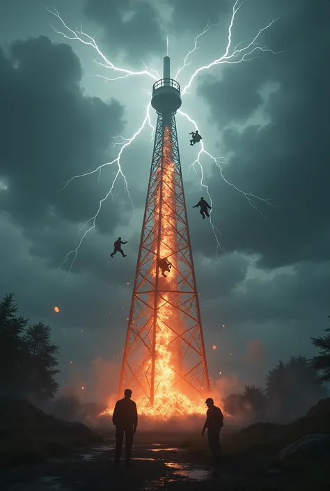 thunder falling on the tower ,  2 people falling from the tower and starting to catch fire