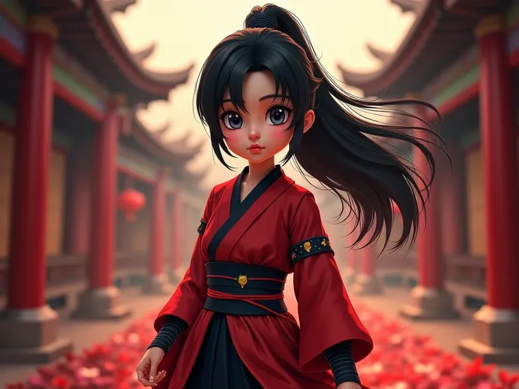 Help me generate images：, the picture style is 「cartoon」，Game CG，girl，Martial Arts， and a black and red dress ，Black Hair，Ancient temple ，Mood lighting，Front view， high detail ， dynamic posture，Full body shot，The background creates a sad atmosphere for bat...