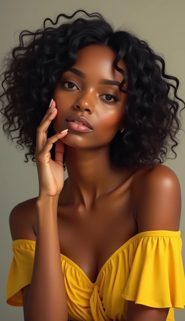 ethiopian, and touching face, wearing a yellow dress, curly hair