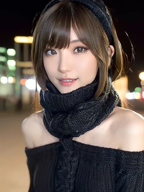  1 Japanese Girl ,( black sweater:1.4),(  She wears a knitted snood around her neck to hide her chin.....:1.5), ( RAW photos ,  top quality ), ( realistic ,  Photorealistic:1.4), masterpiece,  extremely delicate and beautiful,  extremely detailed, 8k wallp...