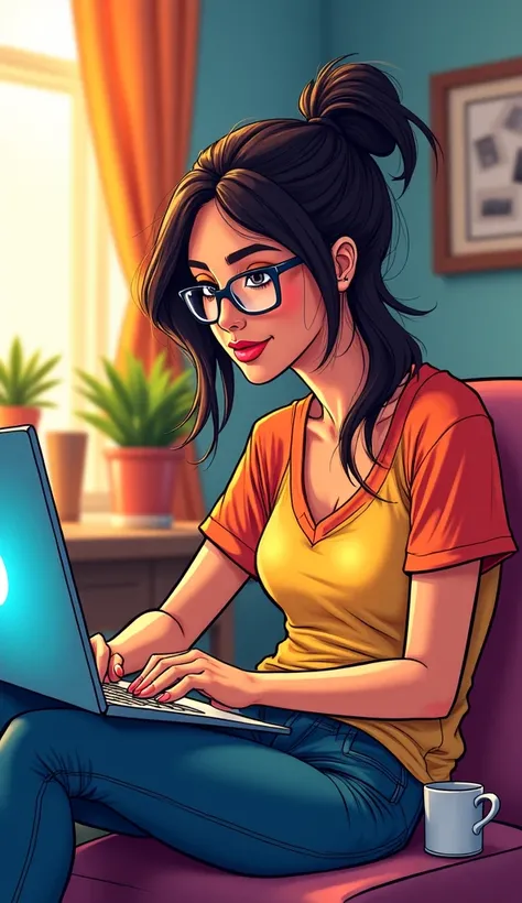 comic book art woman at home on laptop typing a blog post with glowing letters labeled “High-Ranking Content”