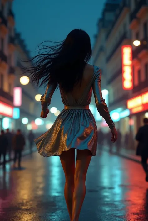  create an image of a white woman in a short silver dress,  with long sleeves , Who is running away from something in the city of Paris at night .  she has long dark hair and has her back .