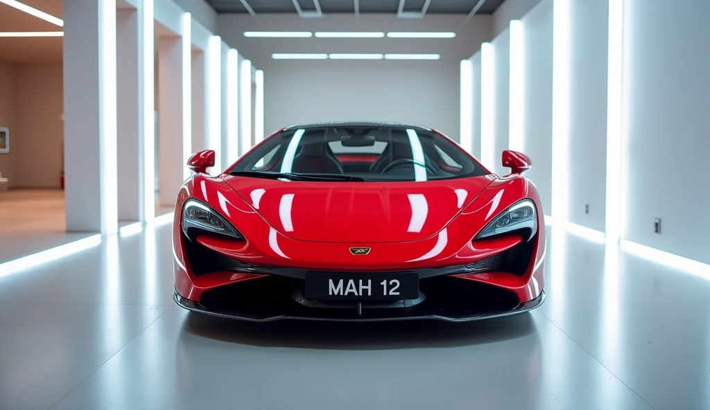 A photo of a red 2025 Lamborghini Aventador SVJ. parked in the middle of a bright, modern gallery with smooth, reflective floor .  the car is displayed from the  side and front  . the tube lights light are reflecting on the car and makings line on the car....