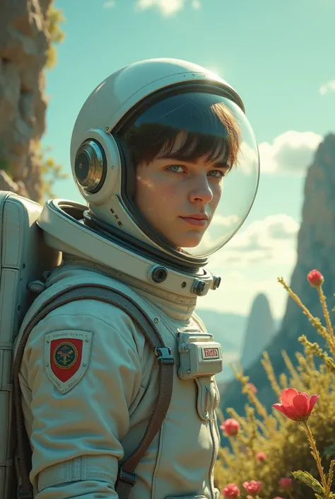 Teenage Caucasian male,  white skin , no beard,  bright green eyes ,  dark brown hair , face and features perfect soft lips sculpted,  jaw and well-defined cheekbones divine beauty, Divine Aura . wearing an astronaut costume on an alien planet
